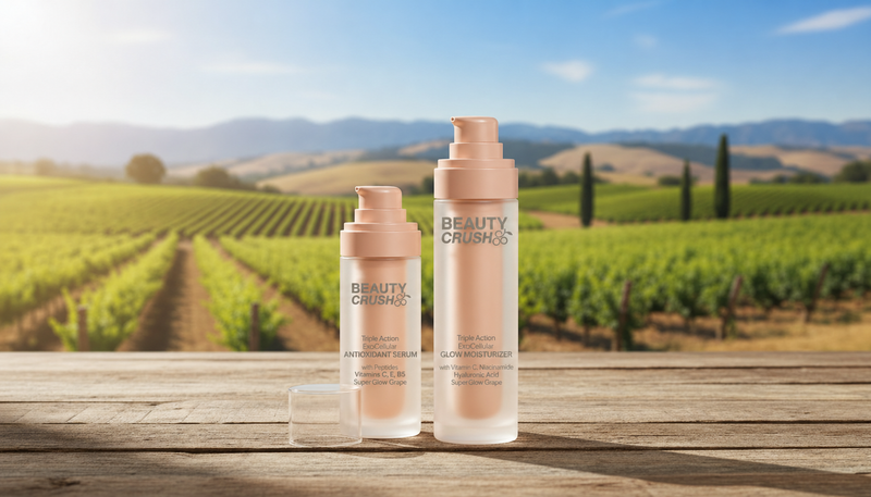 Two 'Beauty Crush' skincare products on a wooden surface with a vineyard background